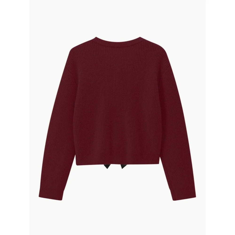 Commense Burgundy Ribbed Cardigan Black Bows Button‎ Front Womens Size M